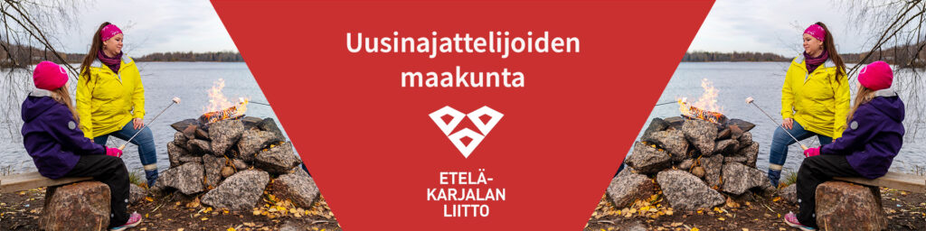 Nuotiolla kaksi henkilöä järven rannalla. Punaisella pohjalla teksti: Uusinajattelijoiden maakunta. Lisäksi Etelä-Karjalan liiton logo.