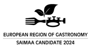 Mustavalkoinen logo, jossa lukee "European region of gastronomy Saimaa candidate 2024"