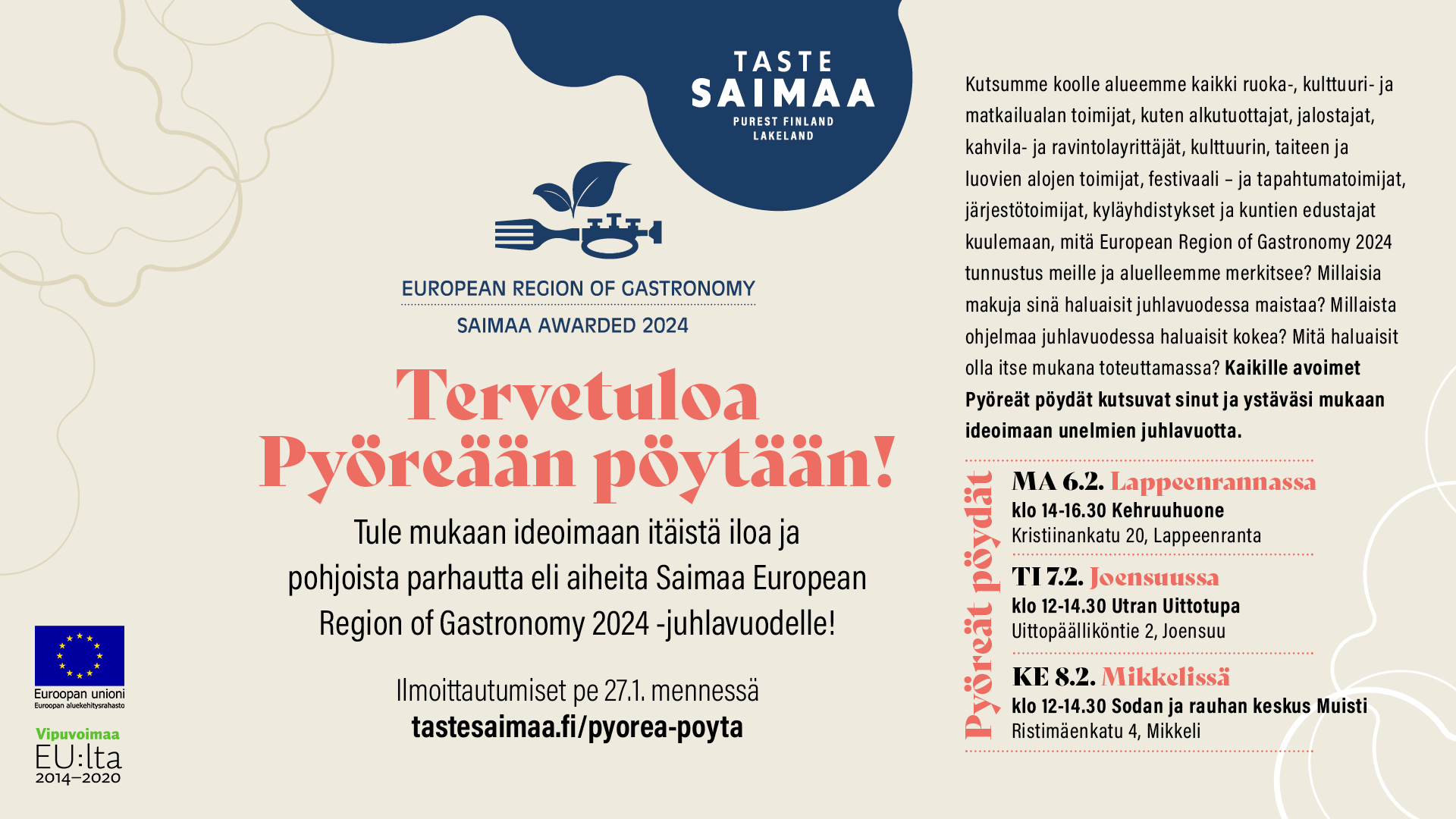 Tervetuloa Saimaa European Region of Gastronomyn Pyöreään pöytään!