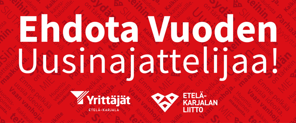 Punaisella pohjalla valkoinen teksti "Ehdota Vuoden Uusinajattelijaa!" Etelä-Karjalan Yrittäjien ja Etelä-Karjalan liiton logot.