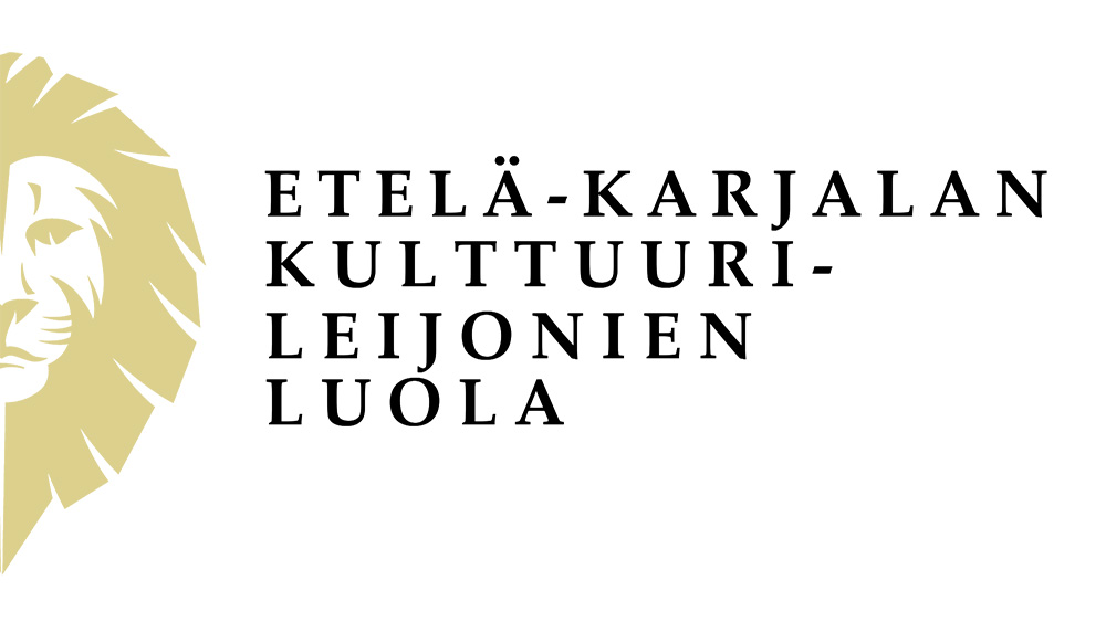 Kultainen leijonan pää näkyy puoliksi vasemmassa reunassa. Sen oikealla puolella teksti "Etelä-Karjalan kulttuurileijonien luola".