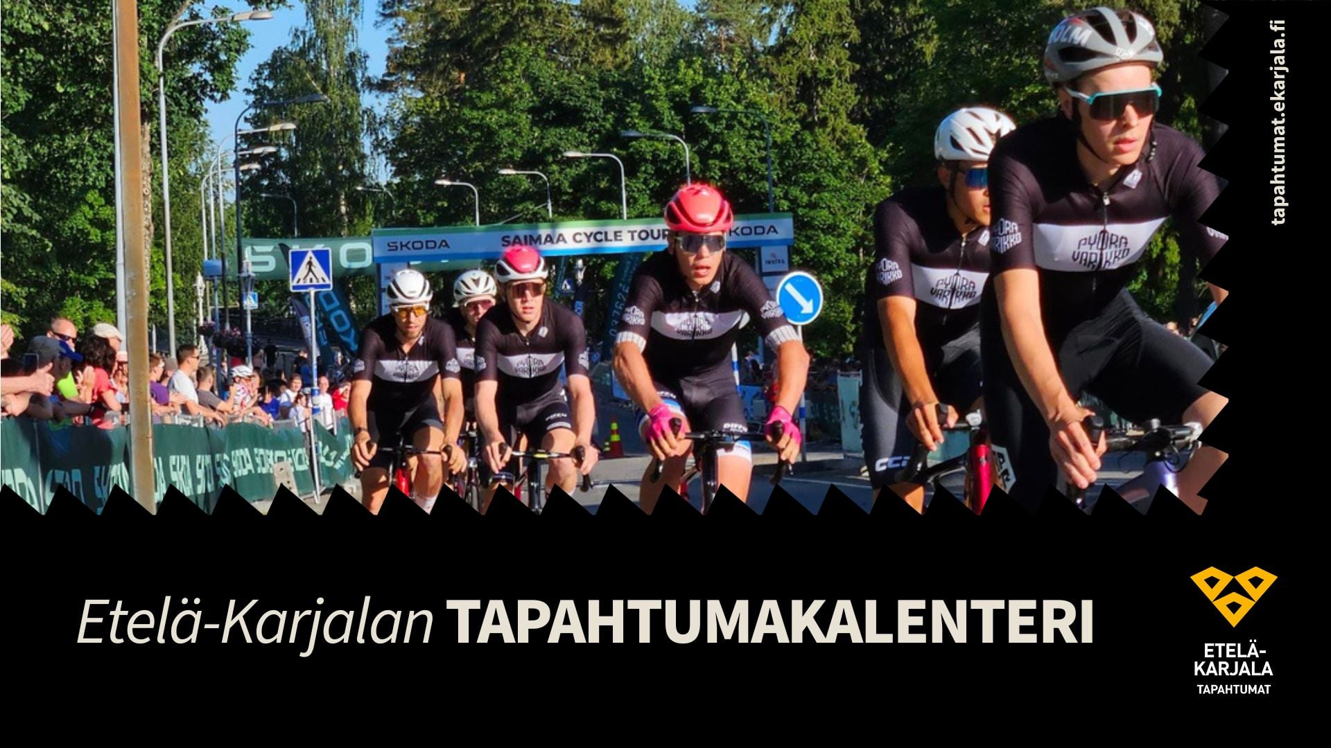 Pyöräilijöitä ja teksti "Etelä-Karjalan tapahtumakalenteri". Oikeassa alareunassa on Etelä-Karjalan tapahtumakalenterin logo.
