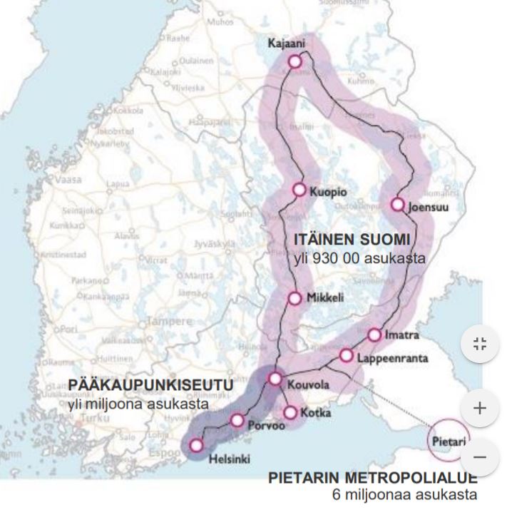 Suomen kartta, mihin on merkitty itärata